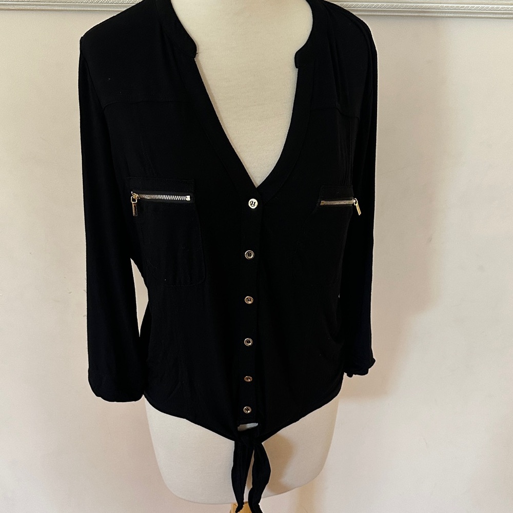 bebe Black Button-Down Shirt with Zipper Details